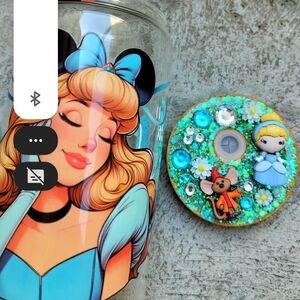Disney-Inspired Blue Princess Glass Tumbler with Decorative Charm